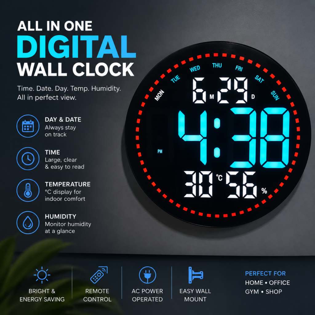 Bluetooth Digital Wall Clock - Blue-White Color with RGB Ring