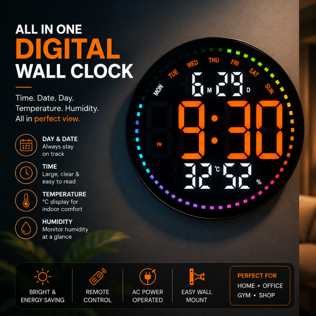 Bluetooth Digital Wall Clock - Red-white Color with RGB Ring