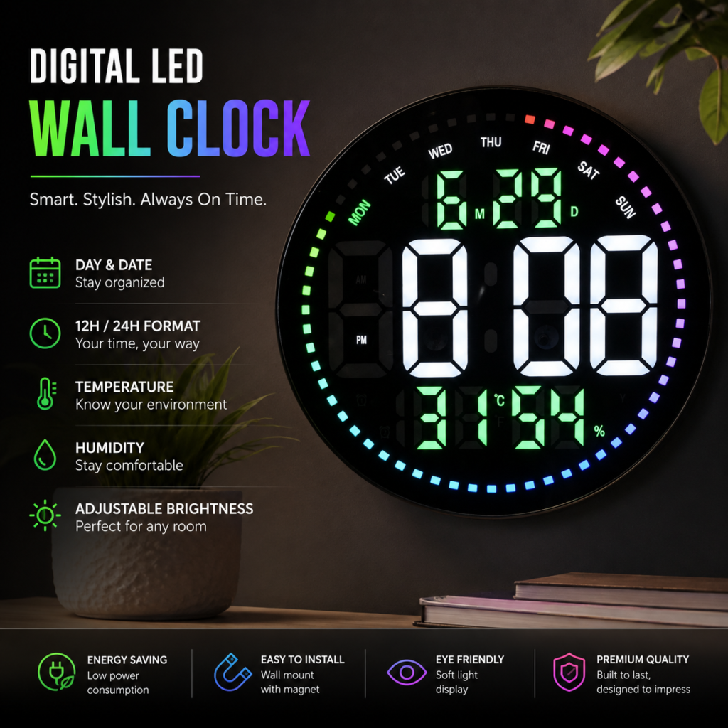 Bluetooth Digital Wall Clock - White-Green Color with RGB Ring