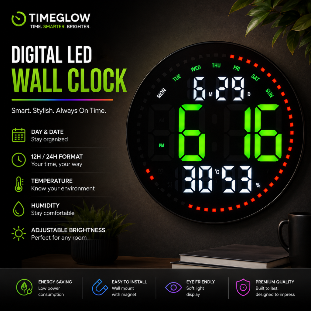 Bluetooth Digital Wall Clock - Green-White Color with RGB Ring